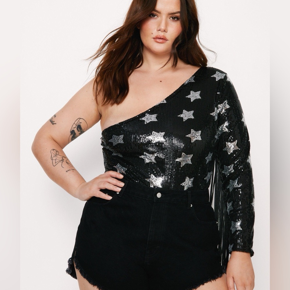 Nasty Gal One Shoulder Star Sequin Fringe Bodysuit
